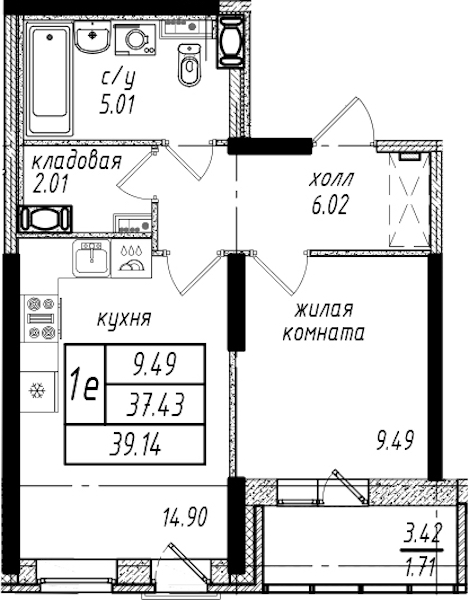 1-комнатная квартира 39.14 м², 2/25 эт., ЖК «Северная Долина»